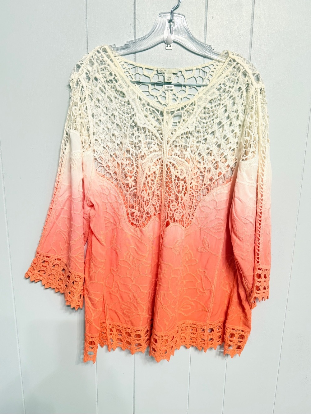 #15) Crochet Ombre Tunic Top - Coral and Cream